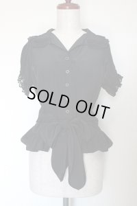 【Sale50％OFF】ウエストリボン半袖ブラウス【黒×黒レース】