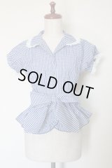 【Sale】ウエストリボン半袖ブラウス【紺ギンガム×オフ白レース】