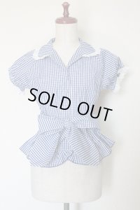 【Sale】ウエストリボン半袖ブラウス【紺ギンガム×オフ白レース】