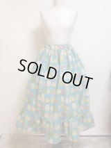 ハンドメイドギャザースカート【麻混綿・キッチン瓶柄・ミント・76丈】