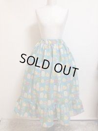 ハンドメイドギャザースカート【麻混綿・キッチン瓶柄・ミント・76丈】