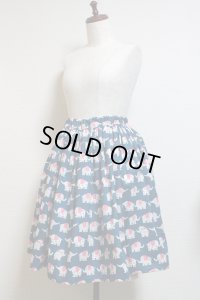 ハンドメイドギャザースカート【像柄水色・56c丈】