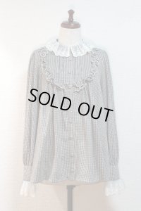 【Sale 50%　OFF】レース付スタンドカラーブラウス【茶チェック×生成レース】