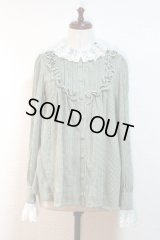 【Sale 30%　OFF】レース付スタンドカラーブラウス【緑チェック×生成レース】