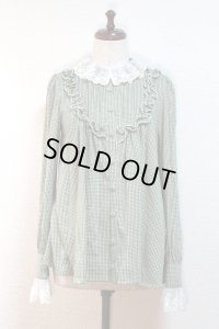 【Sale 30%　OFF】レース付スタンドカラーブラウス【緑チェック×生成レース】