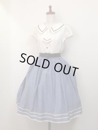 セーラー風ライン入りハンドメイドスカート(2)【ライトデニム水色×生成レース・57丈】