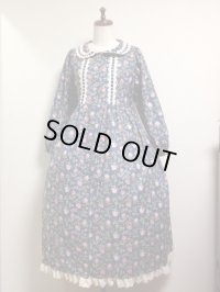 長袖ロング★デイリーワンピース【花柄・紺系・着丈118ｃ】