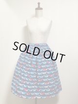 ハンドメイドギャザースカート【くじら柄・マリンブルー・58ｃm丈】