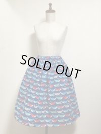 ハンドメイドギャザースカート【くじら柄・マリンブルー・58ｃm丈】