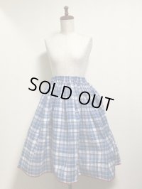 ハンドメイドギャザースカート【青系チェック柄・63ｃm丈】