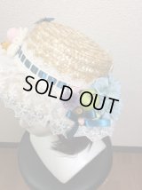 ♪ガーデン♪ストローハット【ピーコックグリーンリボン×ブルーピンク系カラー×天然ストロー】