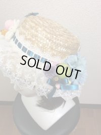 ♪ガーデン♪ストローハット【ピーコックグリーンリボン×ブルーピンク系カラー×天然ストロー】