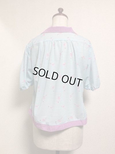 画像2: オープンカラーボーリングシャツ風ブラウス【衿ピンク・フラミンゴボーダー】