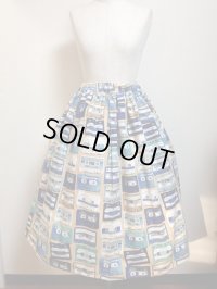 ハンドメイドギャザースカート【カセットテープ柄・紺×ベージュ系・70ｃm丈】　