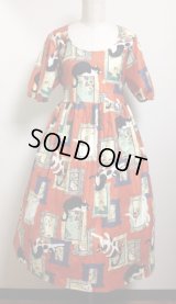 デイリーワンピース【和猫額縁柄・朱色・１００ｃ丈】