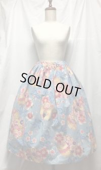 ハンドメイドスカート・和柄【水色系花柄・67ｃm丈】　