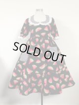 襟付きデイリーワンピース【スイカ柄黒系×ギンガムチェック黒 100c丈】