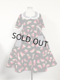 襟付きデイリーワンピース【スイカ柄黒系×ギンガムチェック黒 100c丈】