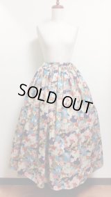 ハンドメイドスカート・和柄【ブルー系花柄・ロング85ｃm丈】　