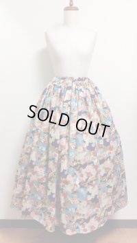 ハンドメイドスカート・和柄【ブルー系花柄・ロング85ｃm丈】　