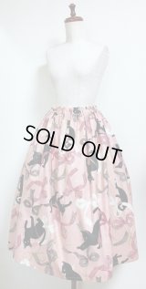 ハンドメイドギャザースカート【リボン猫柄・ピンク系・70ｃm丈】　
