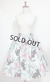 ハンドメイドギャザースカート【リボン猫柄・ミント系・58ｃm丈】　