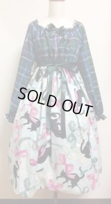 デイリーシャーリングワンピース【リボン猫柄ミント系×グリーンチェック・100c丈】