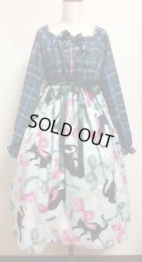 デイリーシャーリングワンピース【リボン猫柄ミント系×グリーンチェック・100c丈】