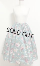 ハンドメイドギャザースカート【花柄・ピーコックグリーン系・68ｃm丈】　