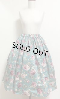 ハンドメイドギャザースカート【花柄・ピーコックグリーン系・68ｃm丈】　