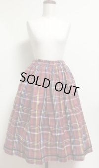 【裏地ペチコート付】ハンドメイドギャザースカート【チェック大柄・赤系・63ｃm丈】　