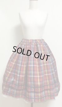 ハンドメイドギャザースカート【チェック大柄・赤系・2枚重ね・58ｃm丈】　