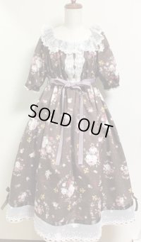 デイリーシャーリングワンピース【エンジェルブーケ柄茶系１０８c丈】