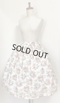 ハンドメイドギャザースカート【ブーケ柄白系・ゴールドテープ・61c丈】