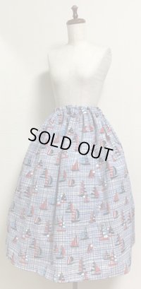 【均一SALE】ハンドメイドギャザースカート【ヨット柄・70c丈】