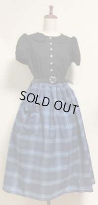 ハンドメイドギャザースカート【チェック柄・青系・74c丈】
