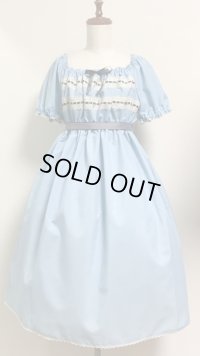 デイリーシャーリングワンピース【サックス×生成りレース×黒リボン・105c丈】