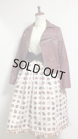 ハンドメイドギャザースカート【猫チョコ柄・アイボリー系・裾切り替え68c丈】
