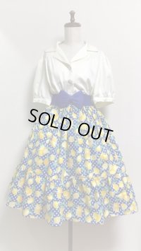 ハンドメイドギャザースカート【レモン柄・青系・60c丈】