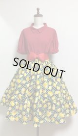 ハンドメイドギャザースカート【レモン柄・黒系・60c丈】