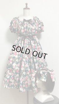 和柄シャーリングワンピース＋リボンクリップ【グリーン系・102丈】