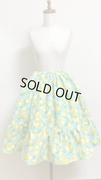ハンドメイドティアードスカート【レモン柄・ミント系・60ｃｍ丈】