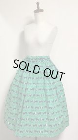 ハンドメイドギャザースカート【カジュアルねこ柄・グリーン・66丈】
