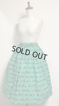 ハンドメイドギャザースカート【カジュアルねこ柄・グリーン・66丈】
