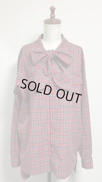 【Sale50％オフ】長袖ボーイフレンドワークシャツ・タイ付き【赤チェック】