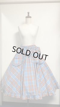 【ラスト１点】ハートポケットサーキュラースカート【水色チェック×紺刺繍ロゴ】