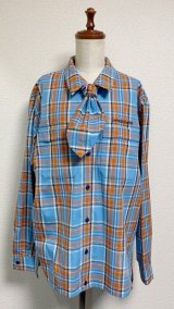 【50％オフ！】長袖ボーイフレンドワークシャツ・タイ付き【水色チェック】