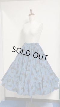 ハンドメイドギャザー3段ティアードスカート【ねこ柄・紺系・70丈】