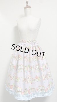 ハンドメイドギャザーフリルスカート【ねこ柄・ラベンダー系・60丈】