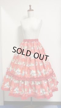 ハンドメイドギャザー2段ティアードスカート【ねこ柄・赤系・75丈】